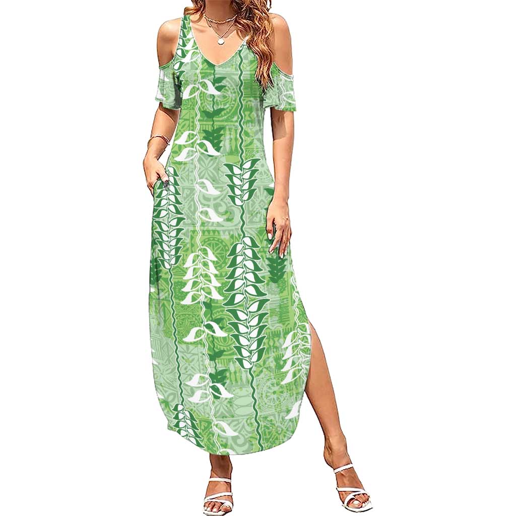 Green Hawaii Tapa Pattern Family Matching Summer Maxi Dress and Hawaiian Shirt With Heliconia Vintage Style LT05 Mom's Dress Green - Polynesian Pride