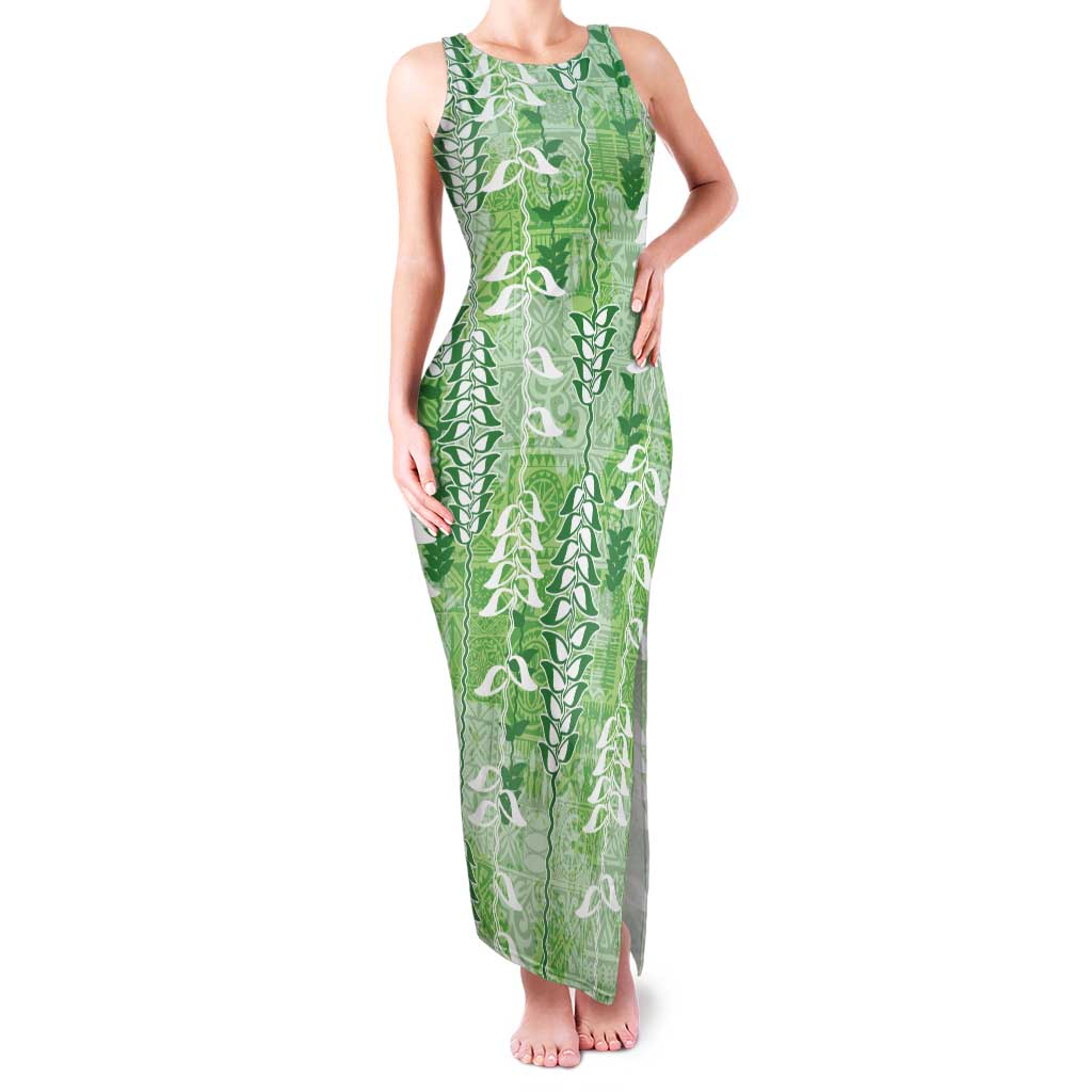 Green Hawaii Tapa Pattern Family Matching Tank Maxi Dress and Hawaiian Shirt With Heliconia Vintage Style LT05 Mom's Dress Green - Polynesian Pride