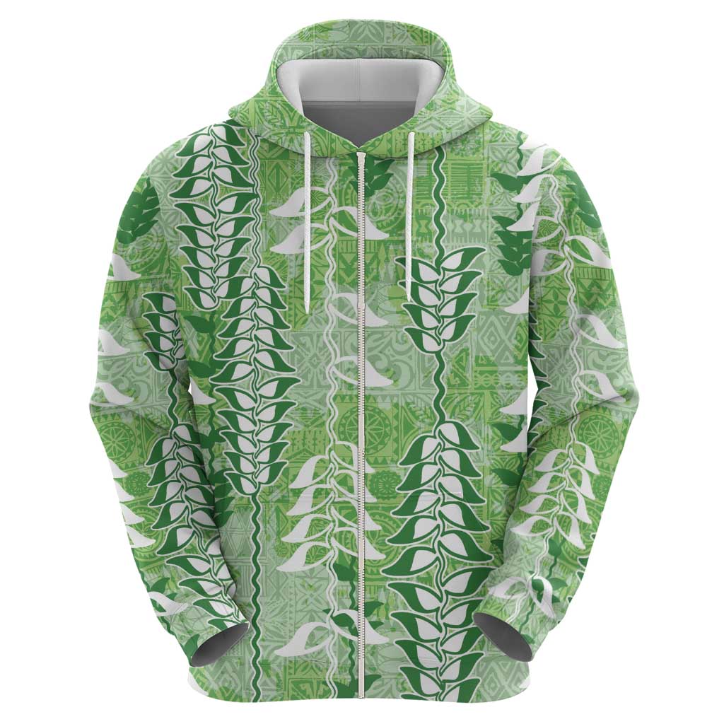 Green Hawaii Tapa Pattern Hoodie With Heliconia Vintage Style