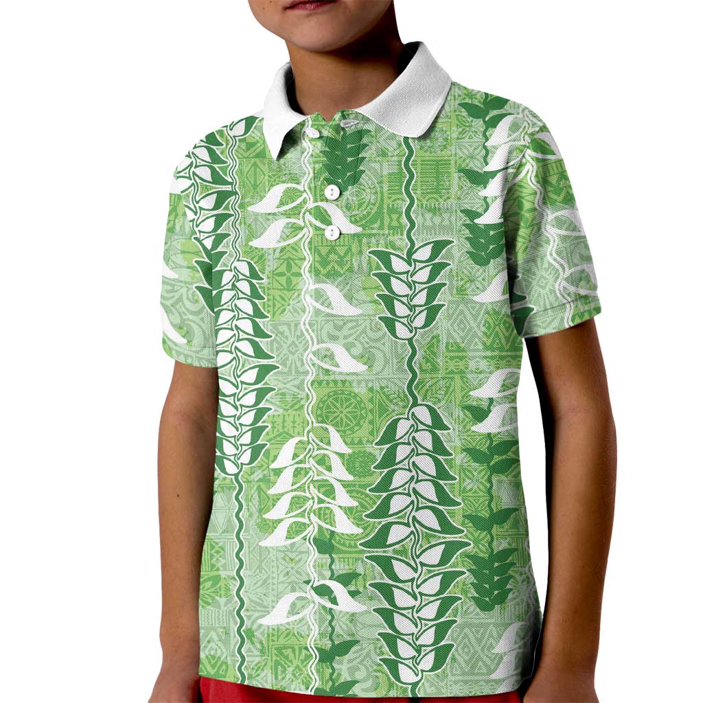 Green Hawaii Tapa Pattern Kid Polo Shirt With Heliconia Vintage Style LT05 Kid Green - Polynesian Pride