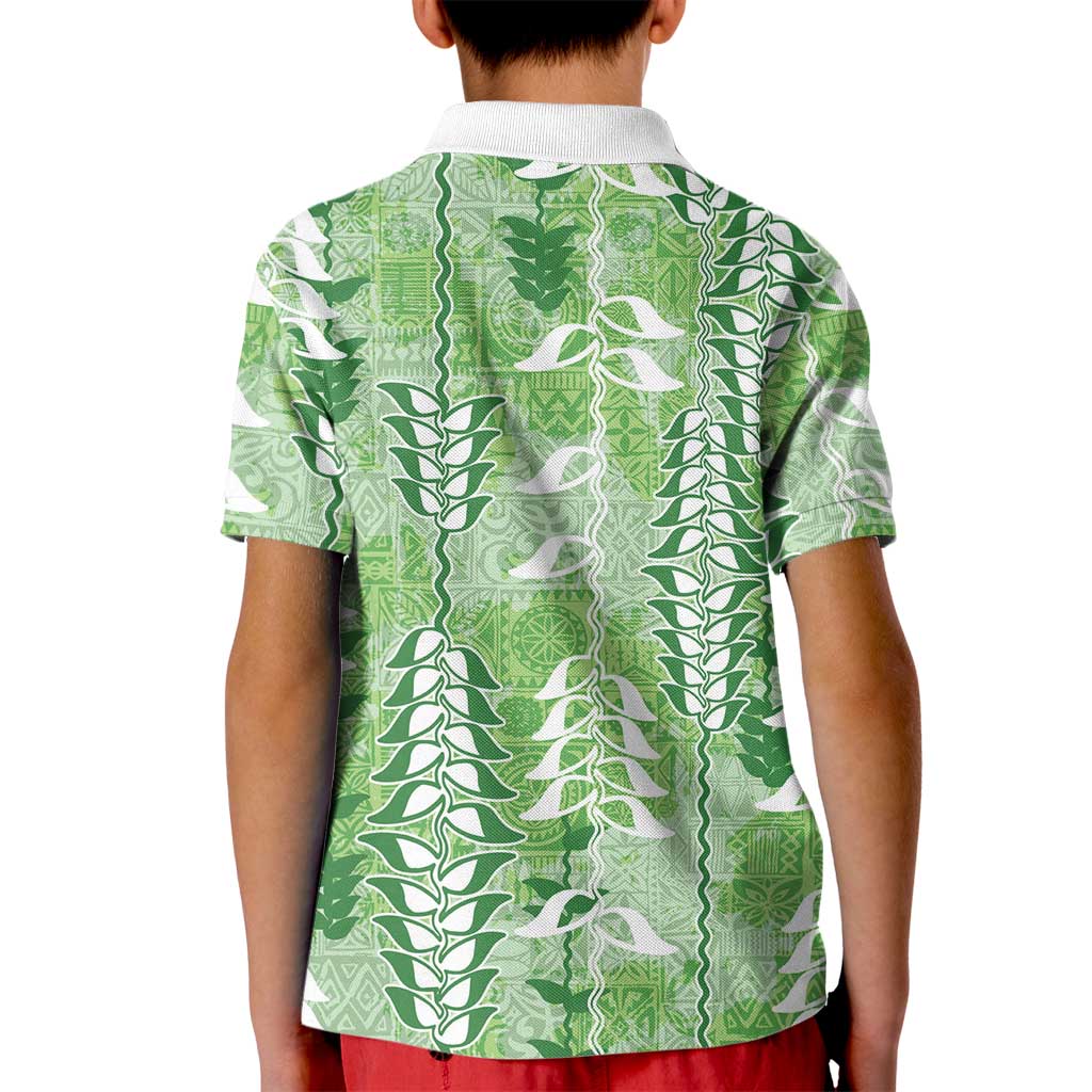 Green Hawaii Tapa Pattern Kid Polo Shirt With Heliconia Vintage Style LT05 - Polynesian Pride