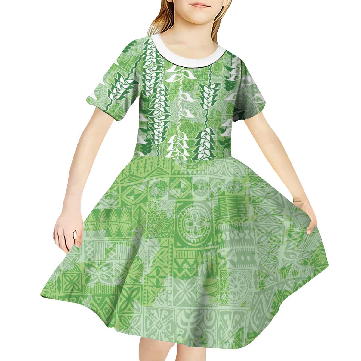 Green Hawaii Tapa Pattern Kid Short Sleeve Dress With Heliconia Vintage Style