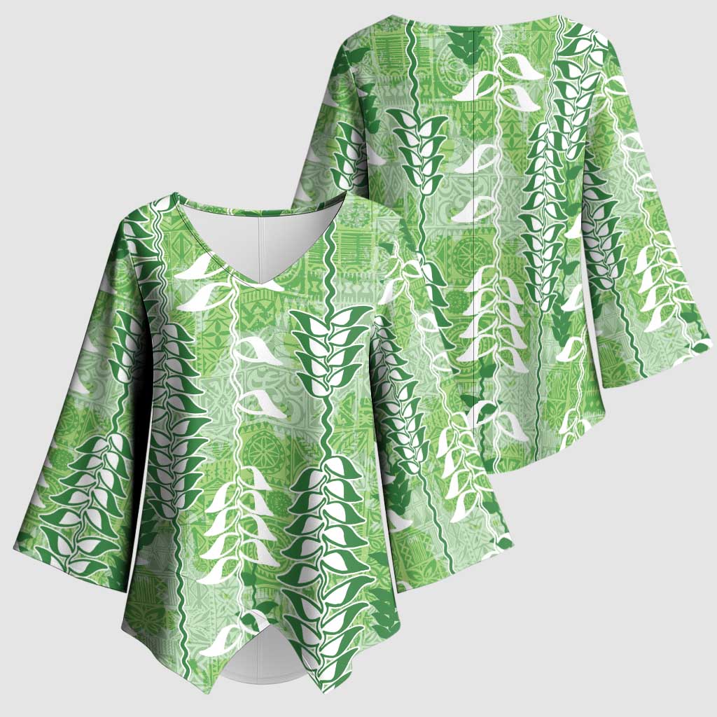 Green Hawaii Tapa Pattern Kimono Sleeve Blouse With Heliconia Vintage Style