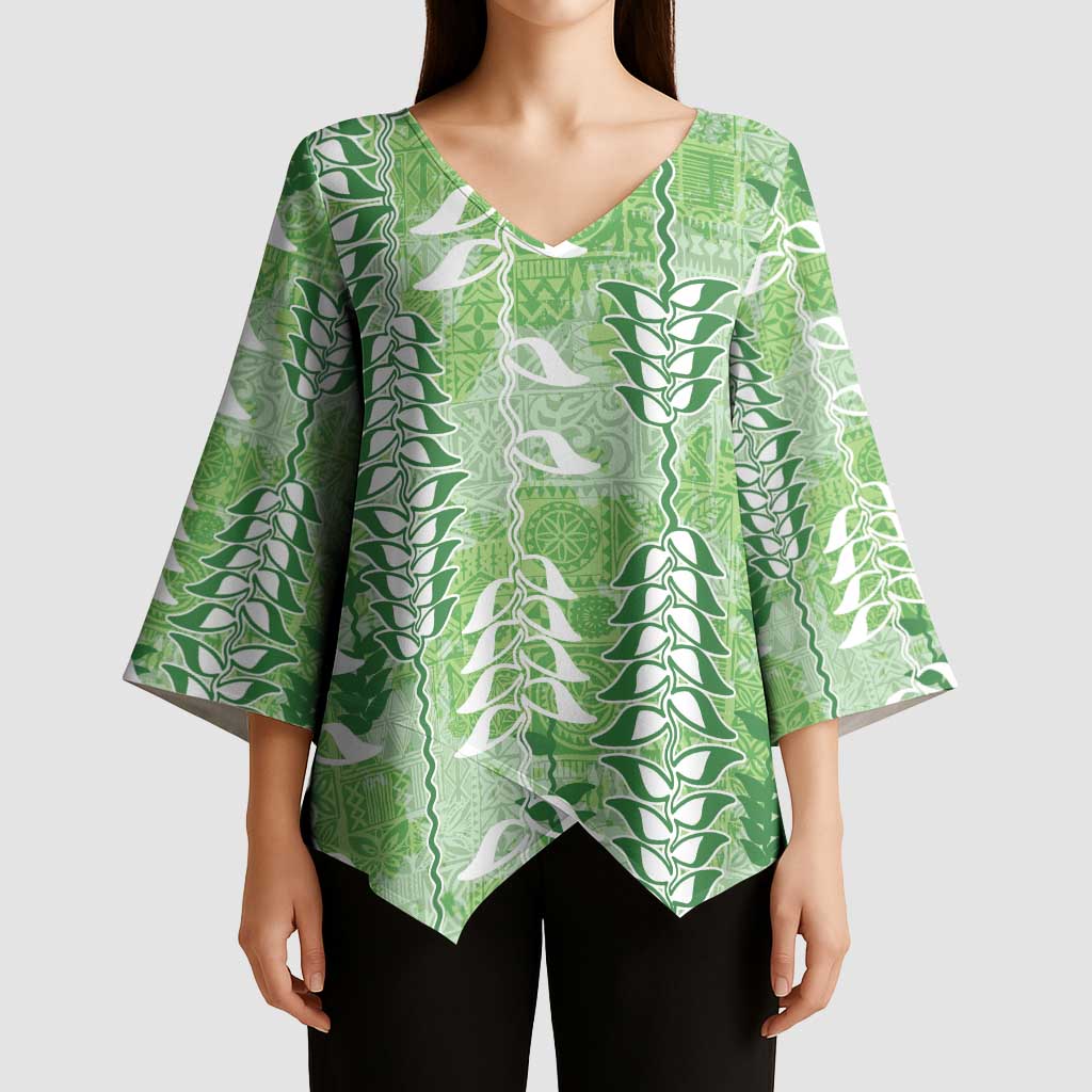 Green Hawaii Tapa Pattern Kimono Sleeve Blouse With Heliconia Vintage Style