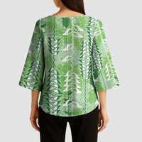 Green Hawaii Tapa Pattern Kimono Sleeve Blouse With Heliconia Vintage Style