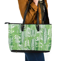 Green Hawaii Tapa Pattern Leather Tote Bag With Heliconia Vintage Style