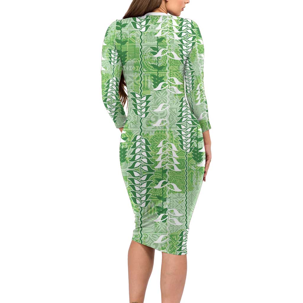 Green Hawaii Tapa Pattern Long Sleeve Bodycon Dress With Heliconia Vintage Style