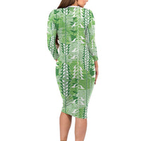 Green Hawaii Tapa Pattern Long Sleeve Bodycon Dress With Heliconia Vintage Style
