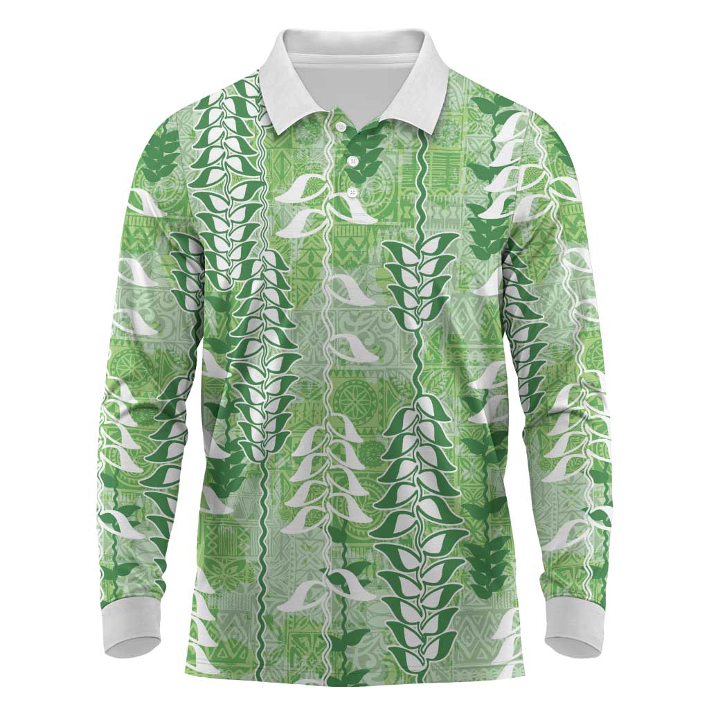 Green Hawaii Tapa Pattern Long Sleeve Polo Shirt With Heliconia Vintage Style