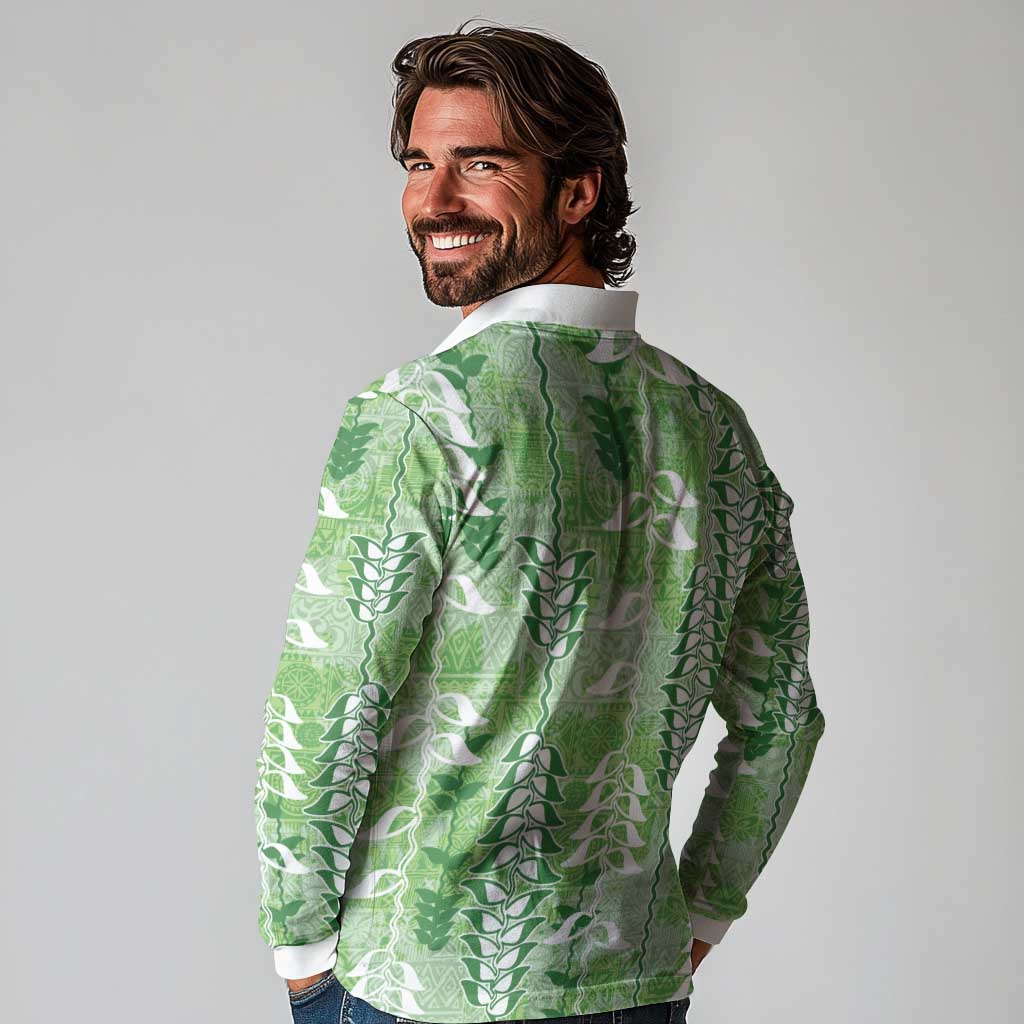 Green Hawaii Tapa Pattern Long Sleeve Polo Shirt With Heliconia Vintage Style
