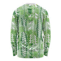Green Hawaii Tapa Pattern Long Sleeve Shirt With Heliconia Vintage Style