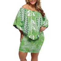 Green Hawaii Tapa Pattern Off Shoulder Short Dress With Heliconia Vintage Style LT05 Women Green - Polynesian Pride