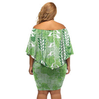 Green Hawaii Tapa Pattern Off Shoulder Short Dress With Heliconia Vintage Style LT05 - Polynesian Pride