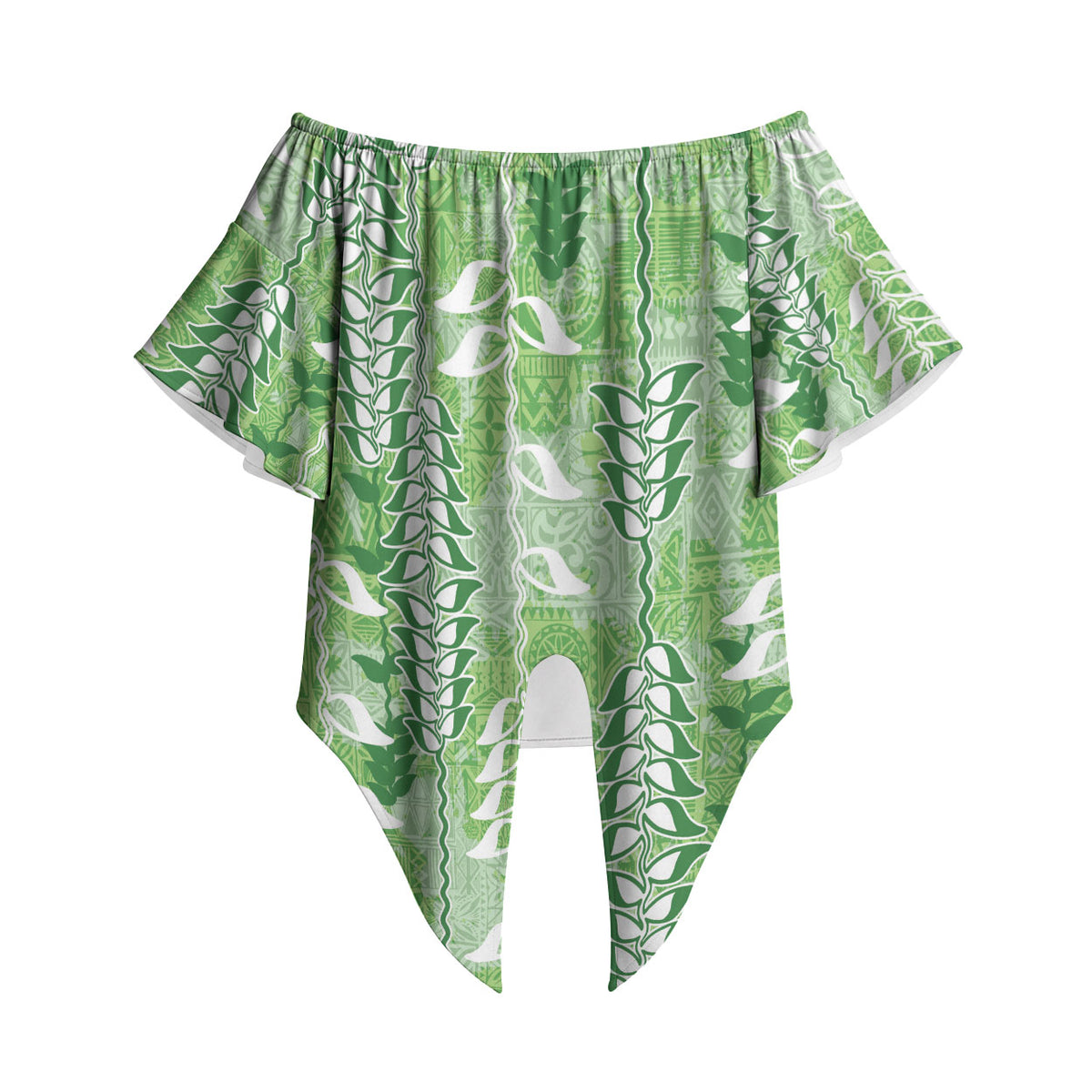 Green Hawaii Tapa Pattern Off Shoulder Wrap Waist Top With Heliconia Vintage Style LT05 Green - Polynesian Pride