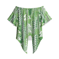 Green Hawaii Tapa Pattern Off Shoulder Wrap Waist Top With Heliconia Vintage Style LT05 Green - Polynesian Pride