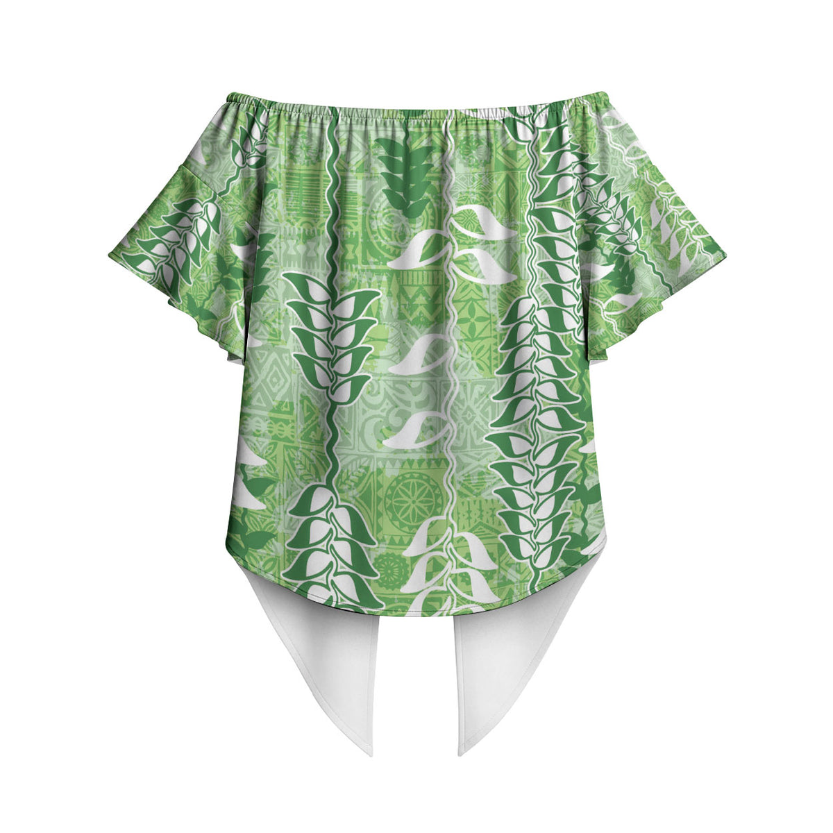 Green Hawaii Tapa Pattern Off Shoulder Wrap Waist Top With Heliconia Vintage Style LT05 - Polynesian Pride