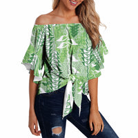Green Hawaii Tapa Pattern Off Shoulder Wrap Waist Top With Heliconia Vintage Style LT05 - Polynesian Pride