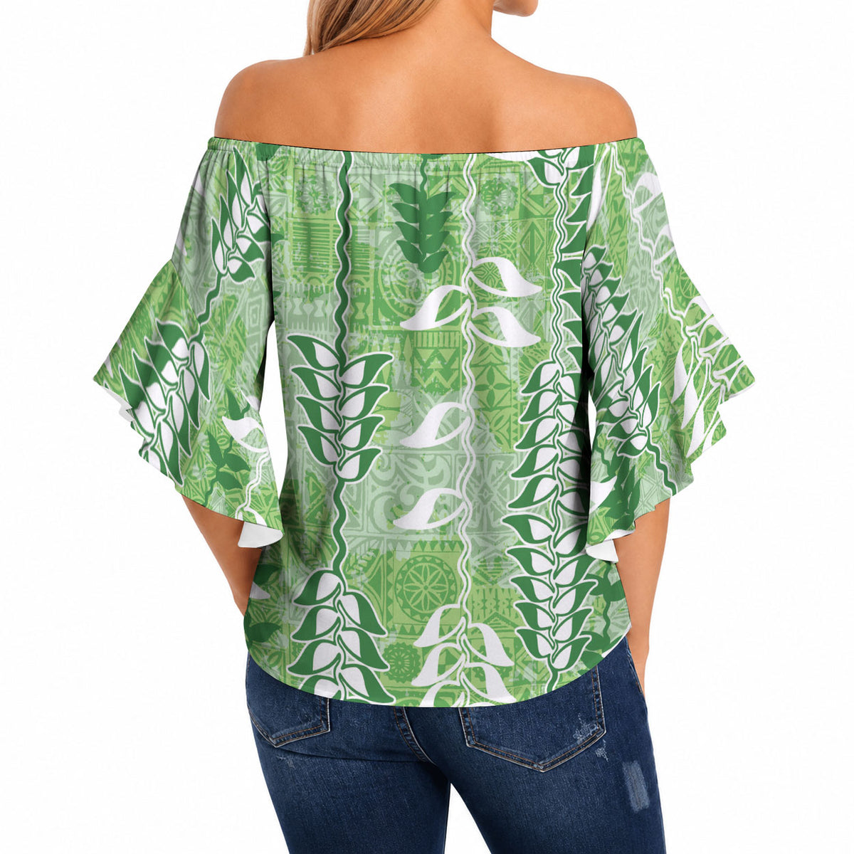Green Hawaii Tapa Pattern Off Shoulder Wrap Waist Top With Heliconia Vintage Style LT05 - Polynesian Pride