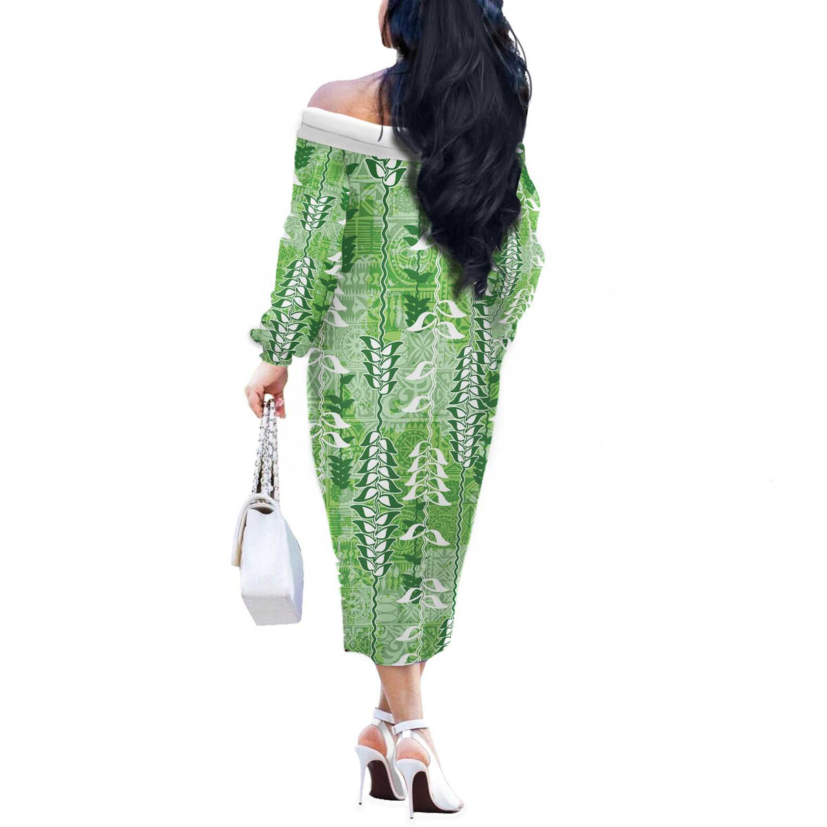 Green Hawaii Tapa Pattern Off The Shoulder Long Sleeve Dress With Heliconia Vintage Style LT05 - Polynesian Pride