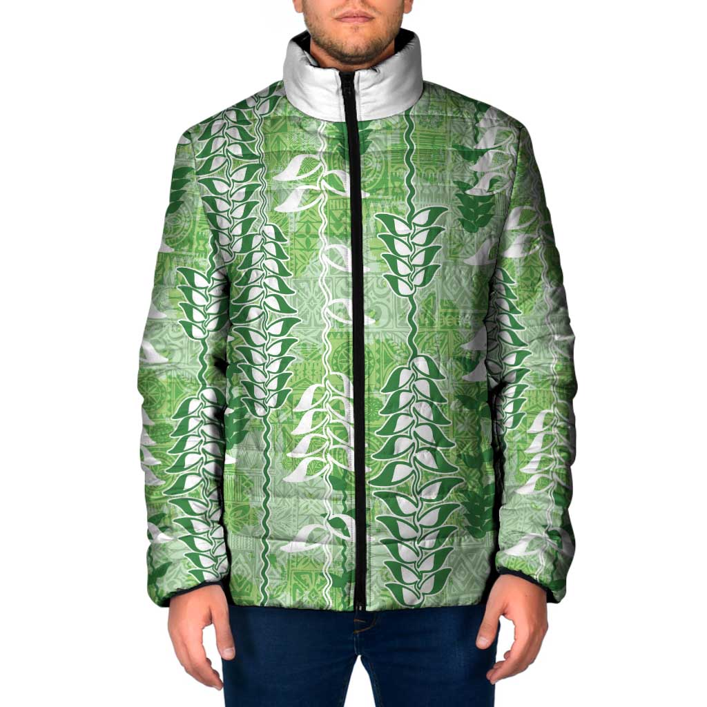 Green Hawaii Tapa Pattern Padded Jacket With Heliconia Vintage Style