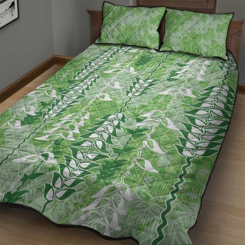 Green Hawaii Tapa Pattern Quilt Bed Set With Heliconia Vintage Style