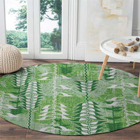 Green Hawaii Tapa Pattern Round Carpet With Heliconia Vintage Style