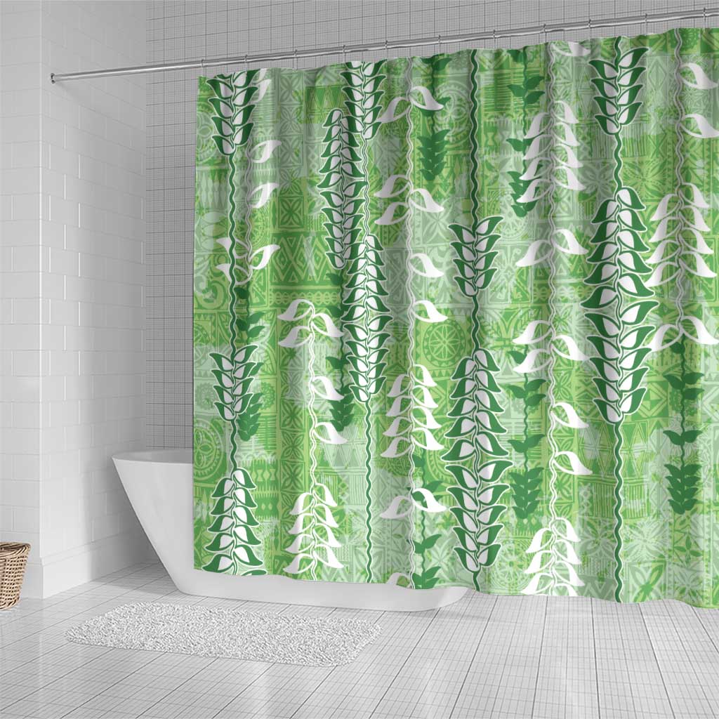 Green Hawaii Tapa Pattern Shower Curtain With Heliconia Vintage Style