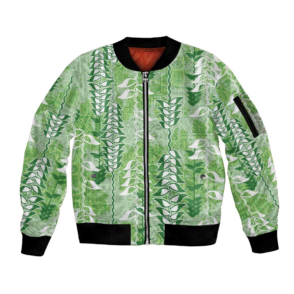 Green Hawaii Tapa Pattern Sleeve Zip Bomber Jacket With Heliconia Vintage Style