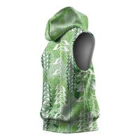 Green Hawaii Tapa Pattern Sleeveless Hoodie With Heliconia Vintage Style