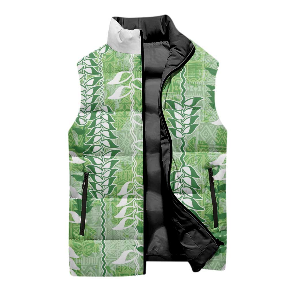 Green Hawaii Tapa Pattern Sleeveless Puffer Jacket With Heliconia Vintage Style