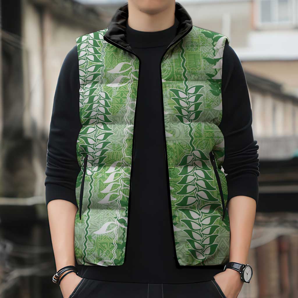 Green Hawaii Tapa Pattern Sleeveless Puffer Jacket With Heliconia Vintage Style