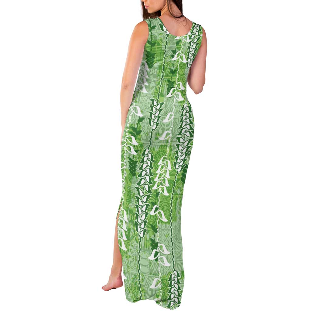 Green Hawaii Tapa Pattern Tank Maxi Dress With Heliconia Vintage Style