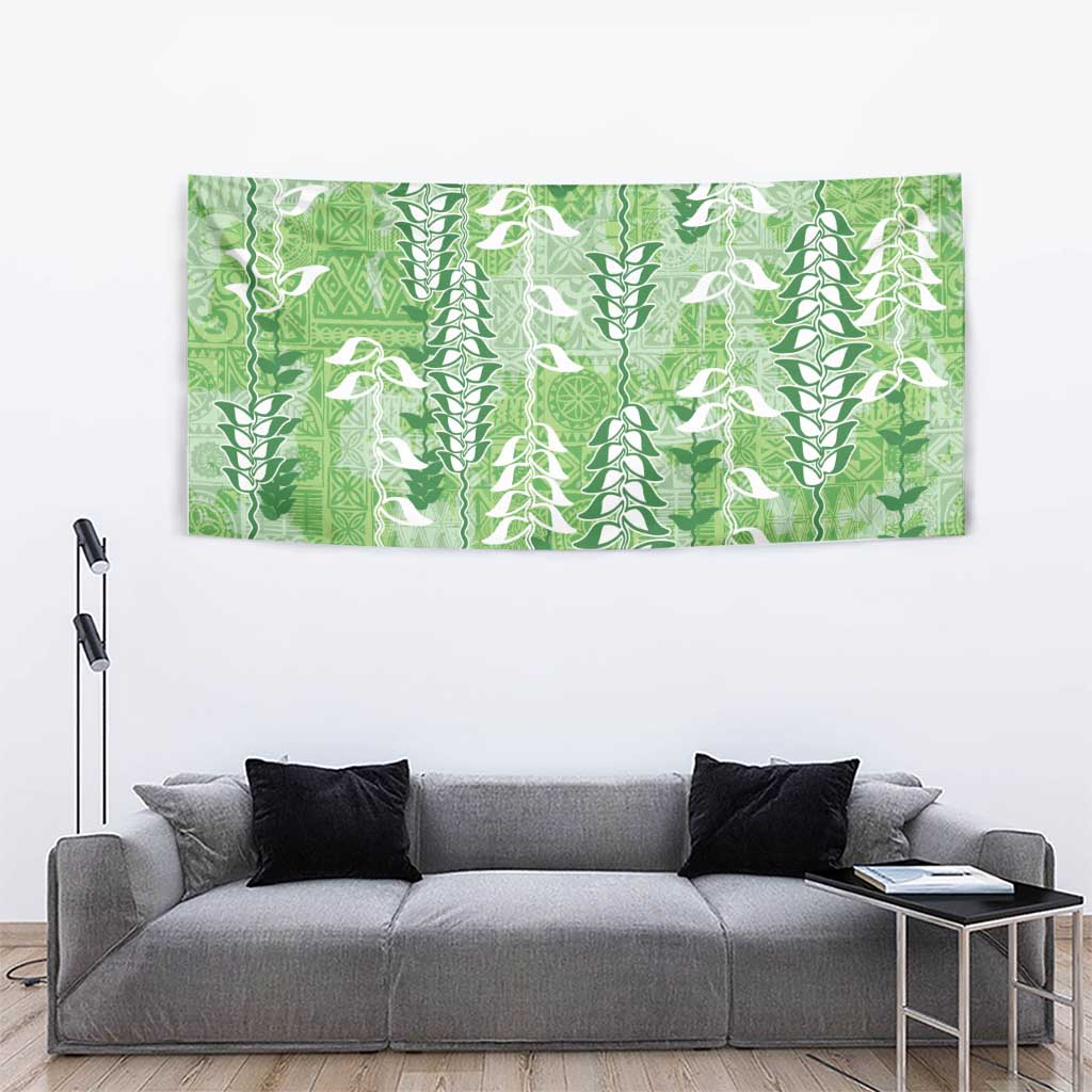 Green Hawaii Tapa Pattern Tapestry With Heliconia Vintage Style