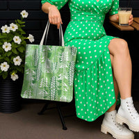 Green Hawaii Tapa Pattern Tote Bag With Heliconia Vintage Style