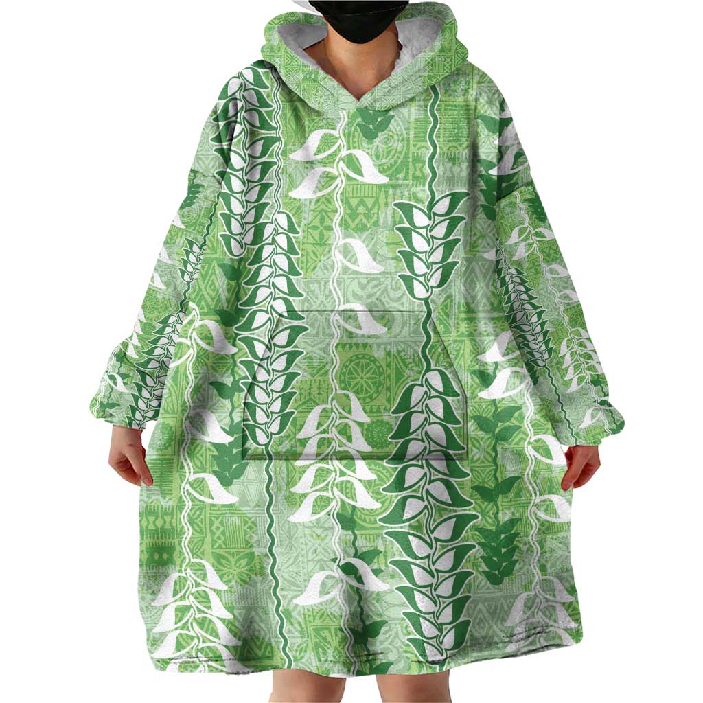 Green Hawaii Tapa Pattern Wearable Blanket Hoodie With Heliconia Vintage Style