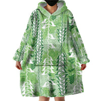 Green Hawaii Tapa Pattern Wearable Blanket Hoodie With Heliconia Vintage Style