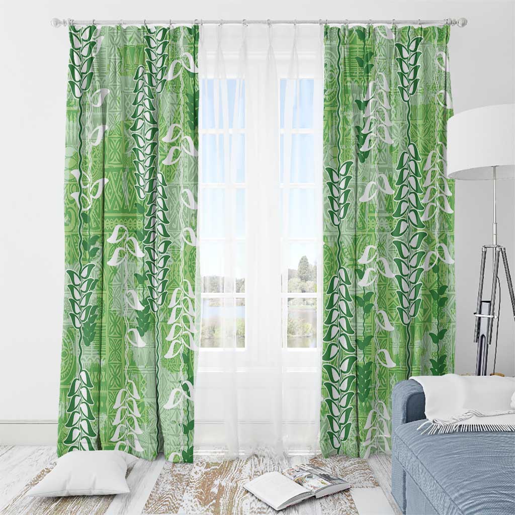 Green Hawaii Tapa Pattern Window Curtain With Heliconia Vintage Style