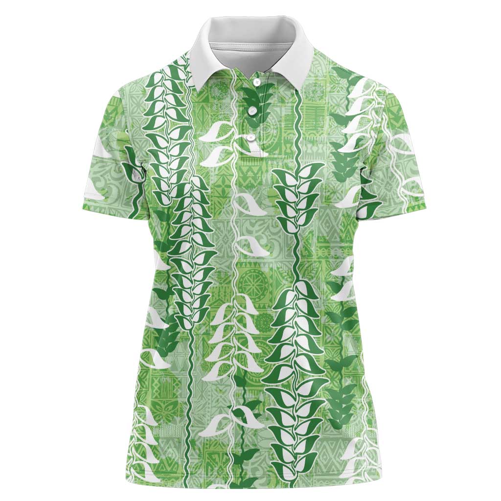 Green Hawaii Tapa Pattern Women Polo Shirt With Heliconia Vintage Style LT05 Female Green - Polynesian Pride