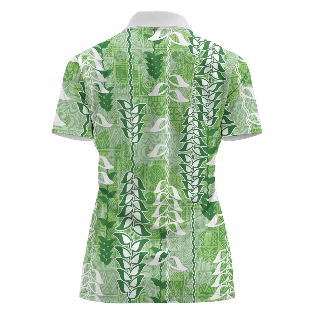 Green Hawaii Tapa Pattern Women Polo Shirt With Heliconia Vintage Style LT05 - Polynesian Pride