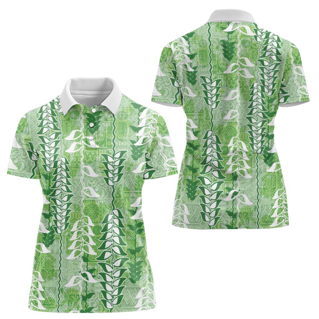 Green Hawaii Tapa Pattern Women Polo Shirt With Heliconia Vintage Style LT05 - Polynesian Pride