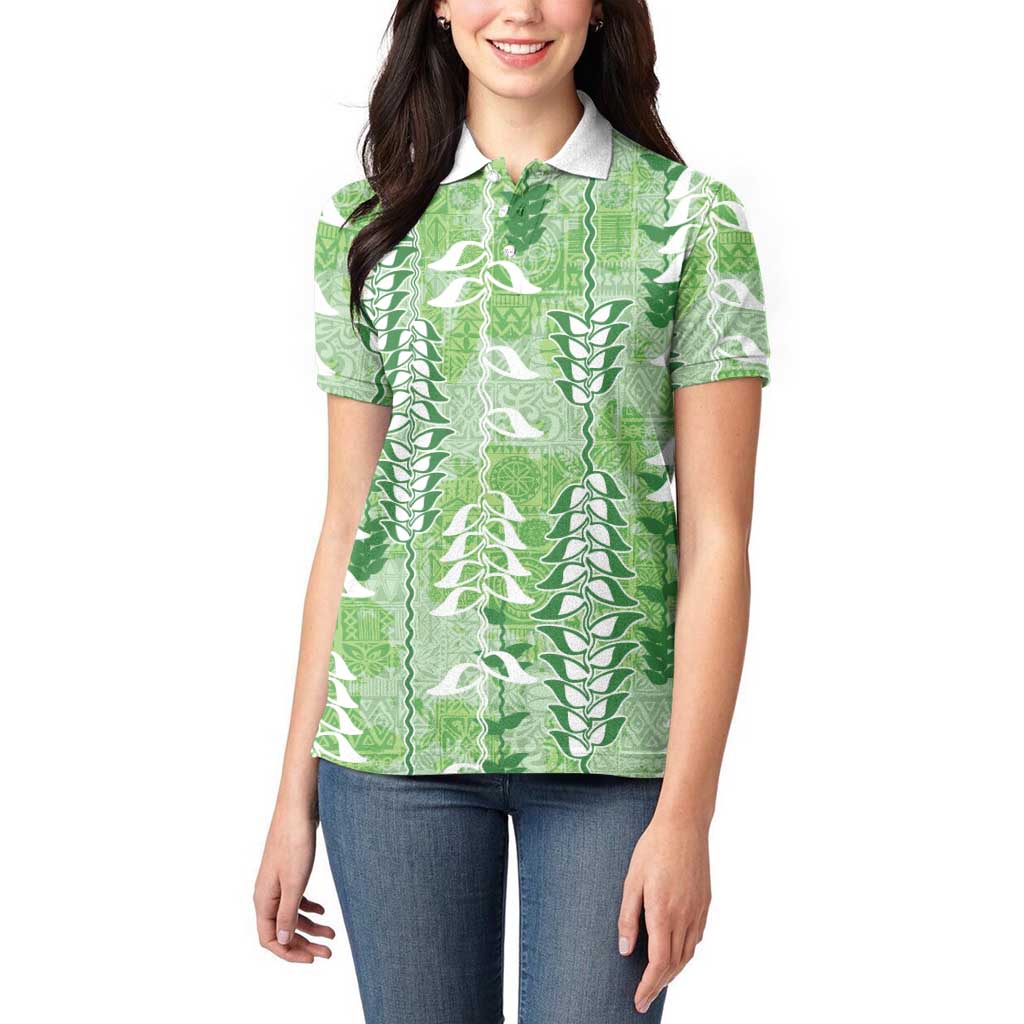 Green Hawaii Tapa Pattern Women Polo Shirt With Heliconia Vintage Style LT05 - Polynesian Pride