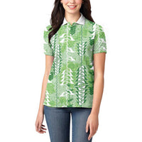 Green Hawaii Tapa Pattern Women Polo Shirt With Heliconia Vintage Style LT05 - Polynesian Pride