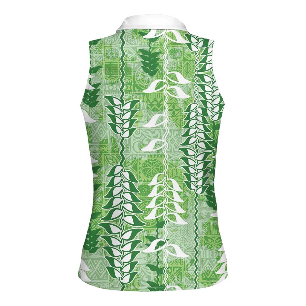 Green Hawaii Tapa Pattern Women Sleeveless Polo Shirt With Heliconia Vintage Style