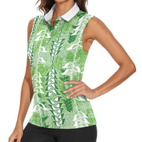 Green Hawaii Tapa Pattern Women Sleeveless Polo Shirt With Heliconia Vintage Style