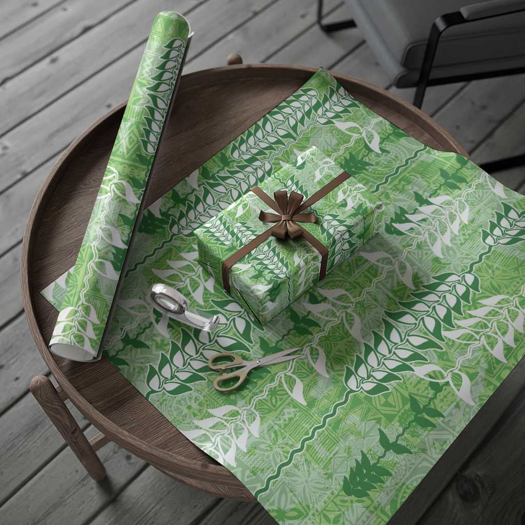 Green Hawaii Tapa Pattern Wrapping Paper With Heliconia Vintage Style