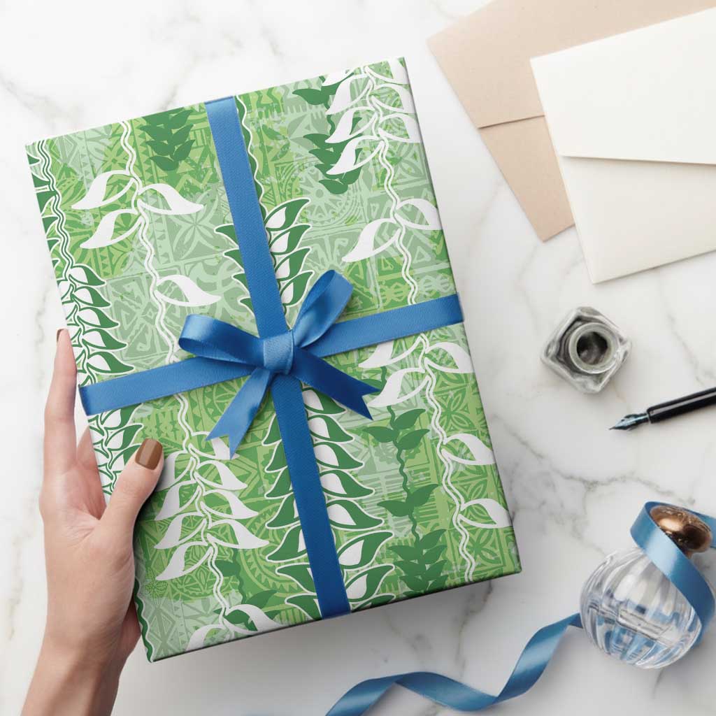 Green Hawaii Tapa Pattern Wrapping Paper With Heliconia Vintage Style
