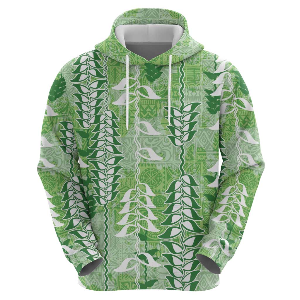 Green Hawaii Tapa Pattern Zip Hoodie With Heliconia Vintage Style