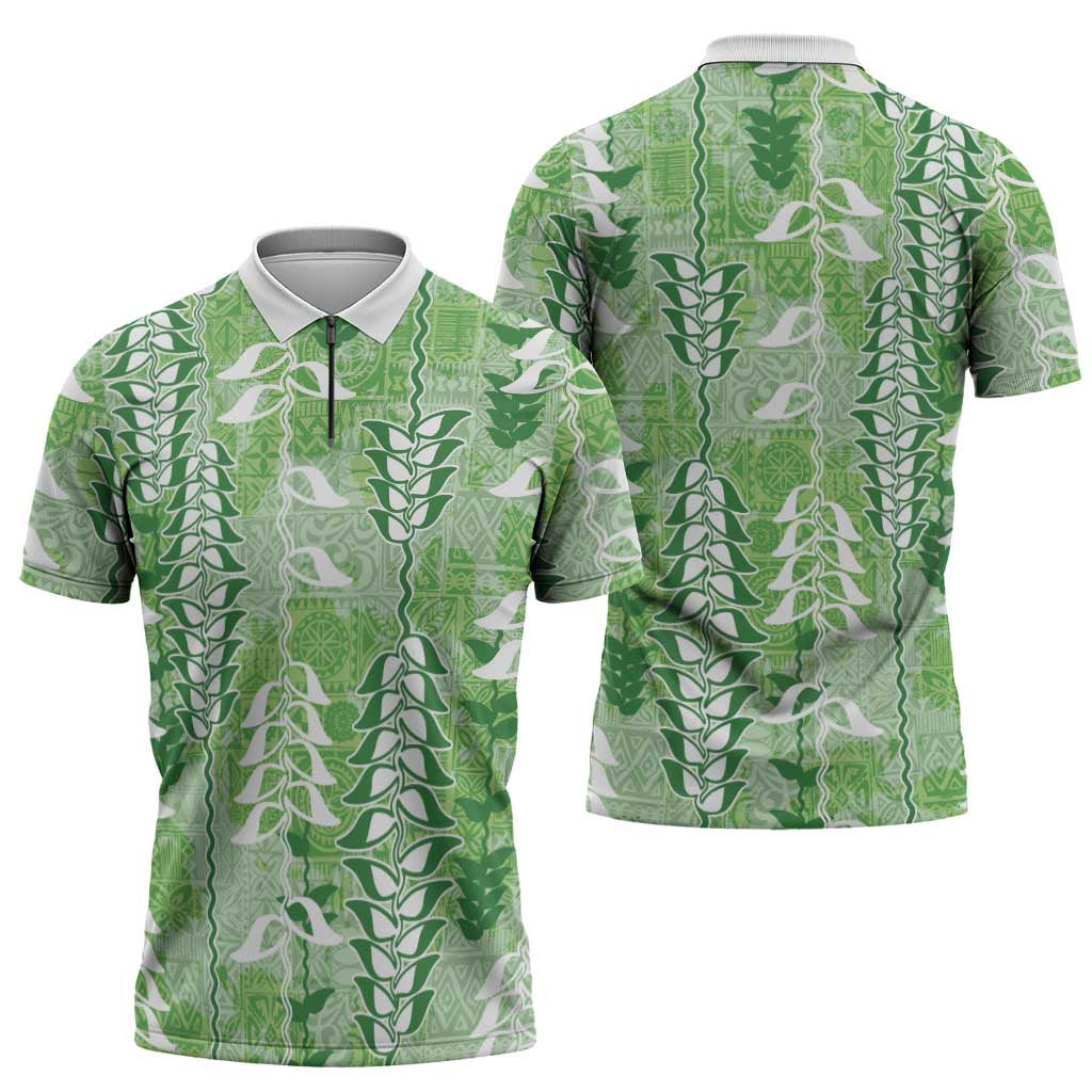 Green Hawaii Tapa Pattern Zipper Polo Shirt With Heliconia Vintage Style