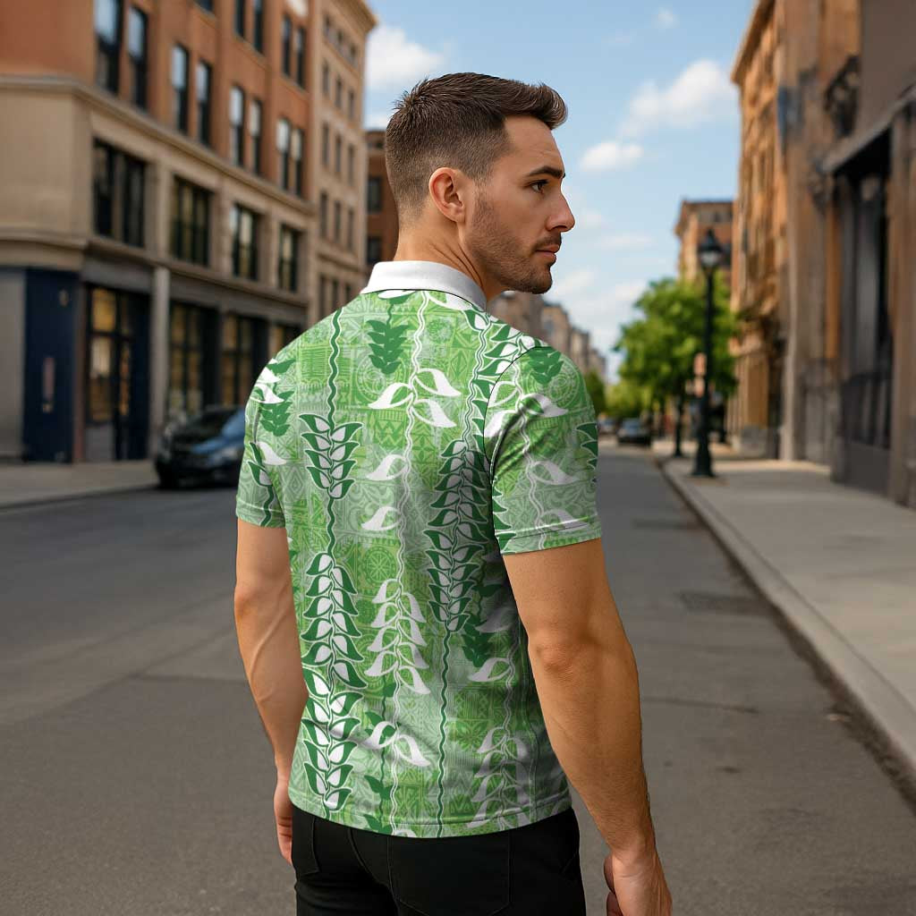 Green Hawaii Tapa Pattern Zipper Polo Shirt With Heliconia Vintage Style