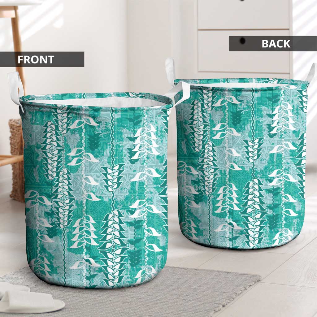 Teal Hawaii Tapa Pattern Laundry Basket With Heliconia Vintage Style